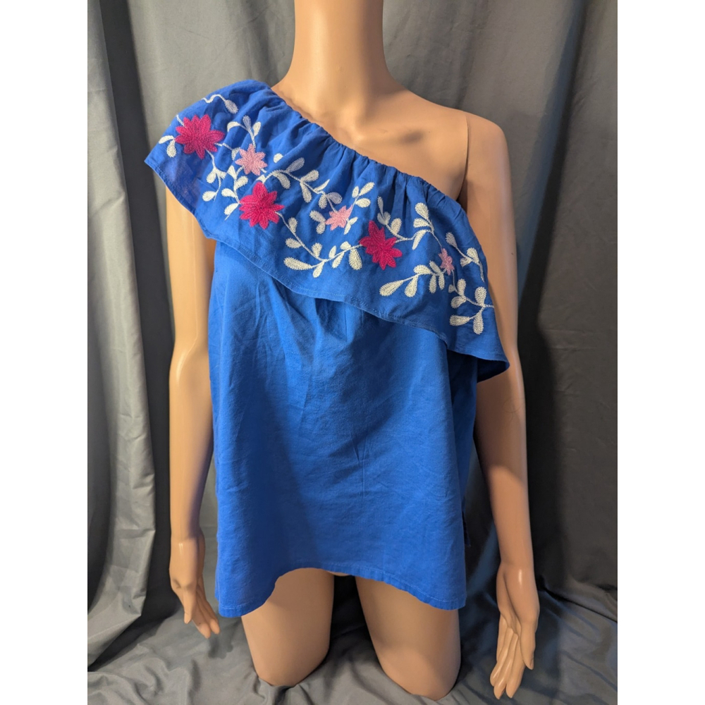 Loft Woman's Medium Blue Off The Shoulder Embroidered Flowers NWT